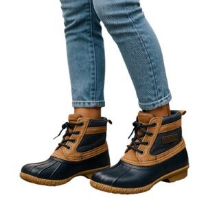 SOREL VINTAGE Duck Boots Navy Brown Leather Lined Ankle Lace Up Gorpcore Size 6
